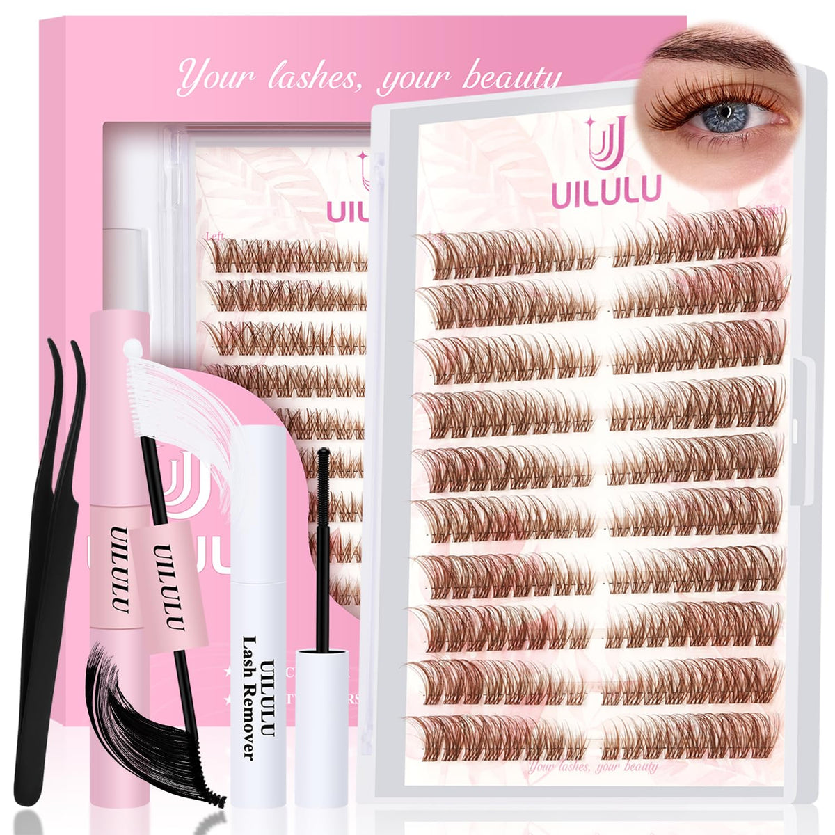 UILULU Brown Lash Clusters Kit 160pcs for fuller, natural-looking lashes all-day wear.
