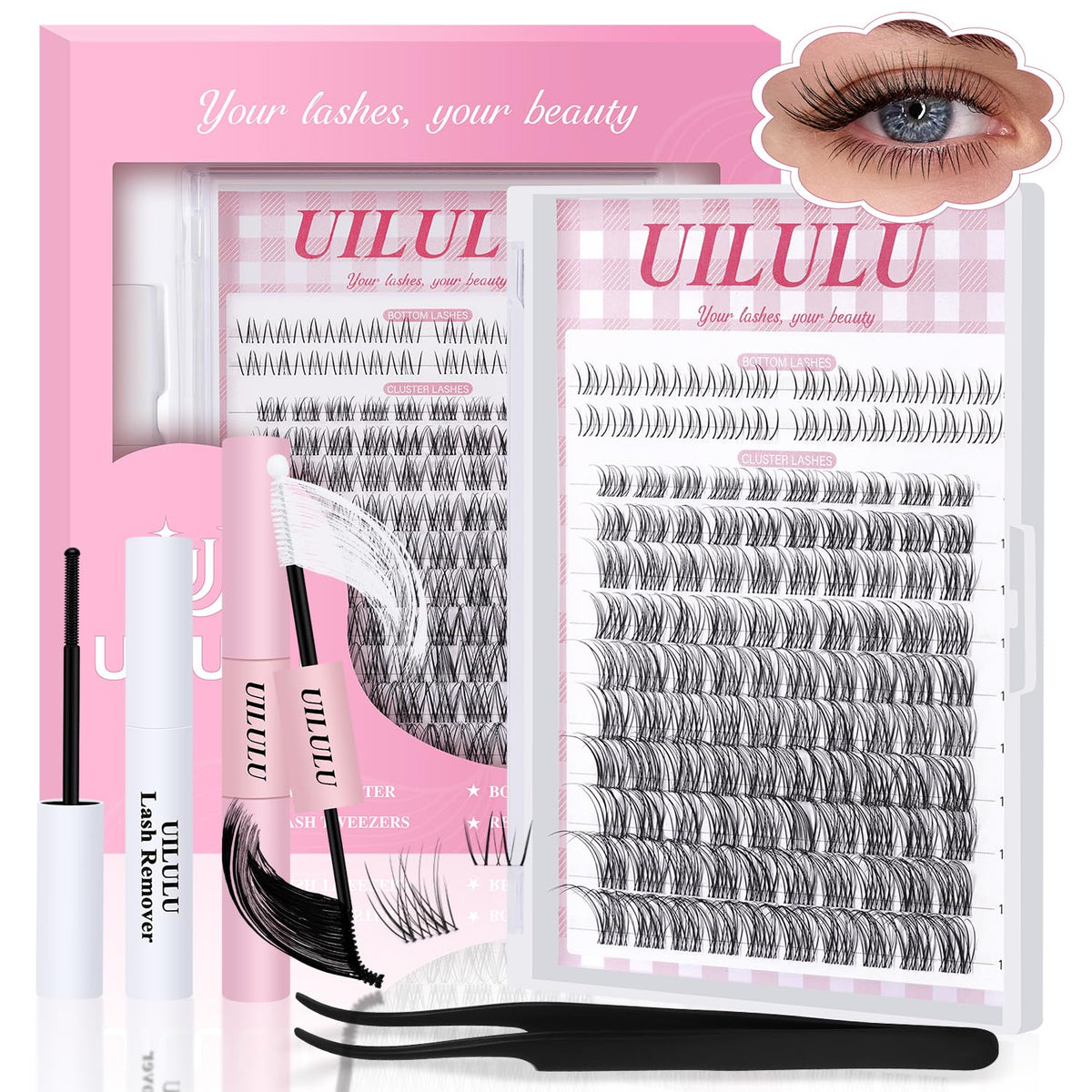 Uilulu lash clusters kit box with 124 clusters for fuller lashes
