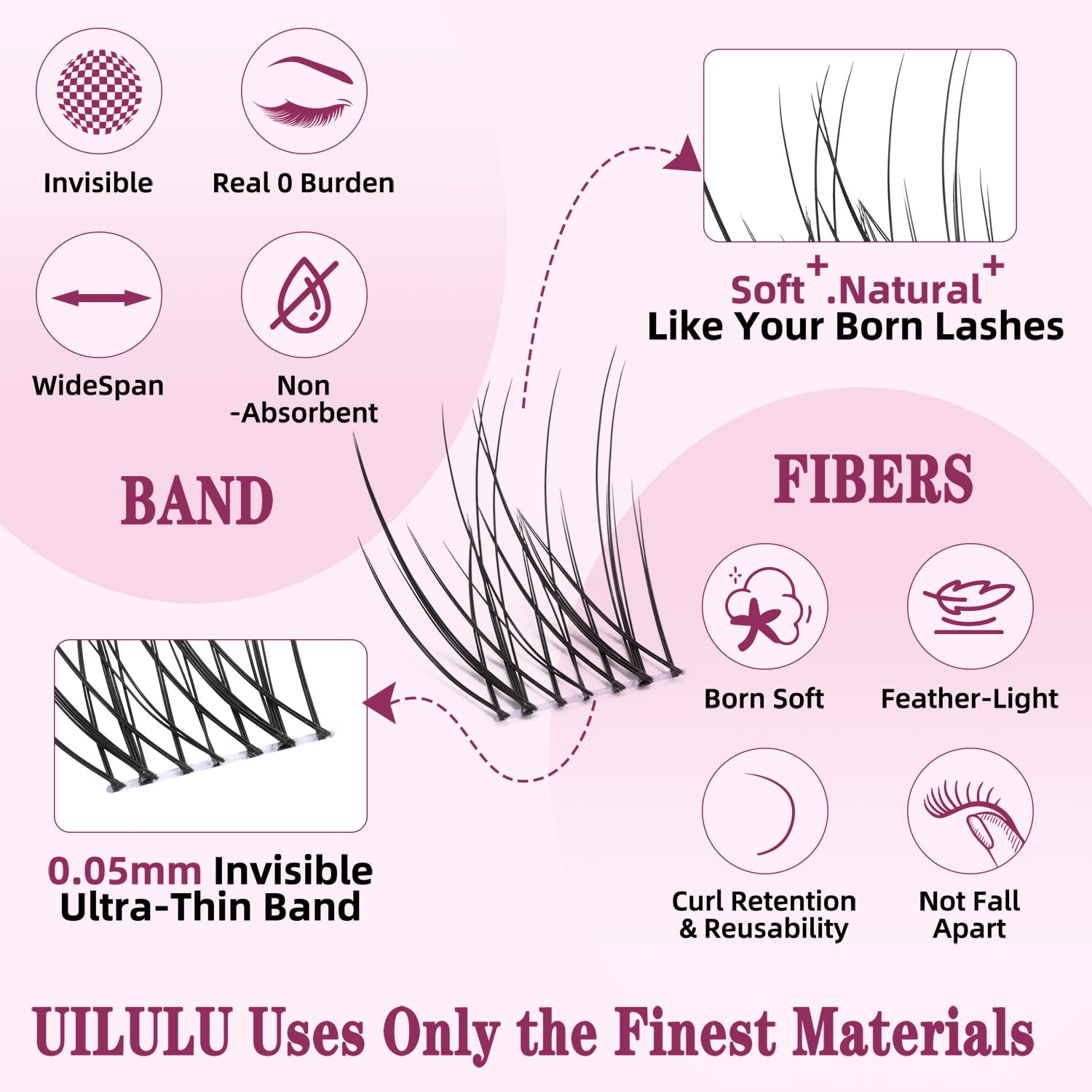 Uilulu soft PBT lashes close up showing durable, lightweight clusters