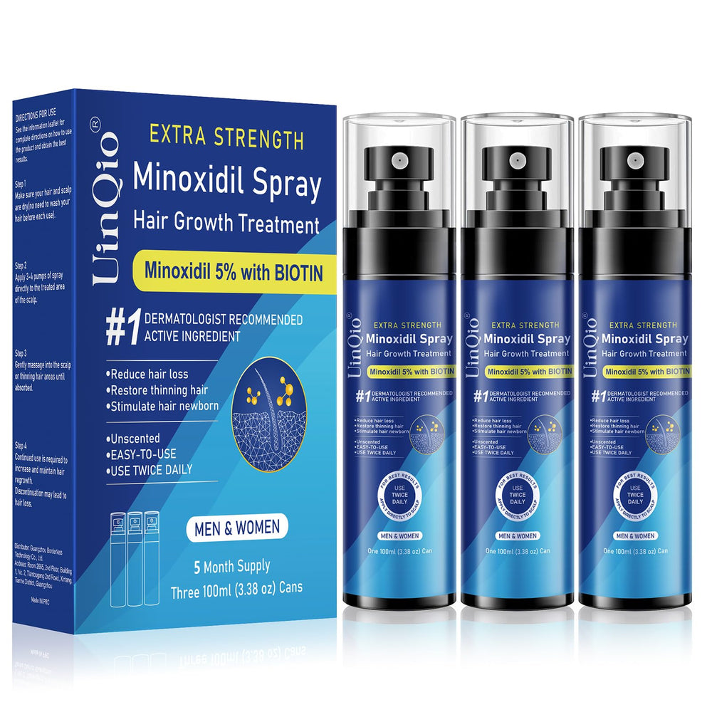 Uinqio 5% Minoxidil spray bottle for precise scalp application to thinning areas.