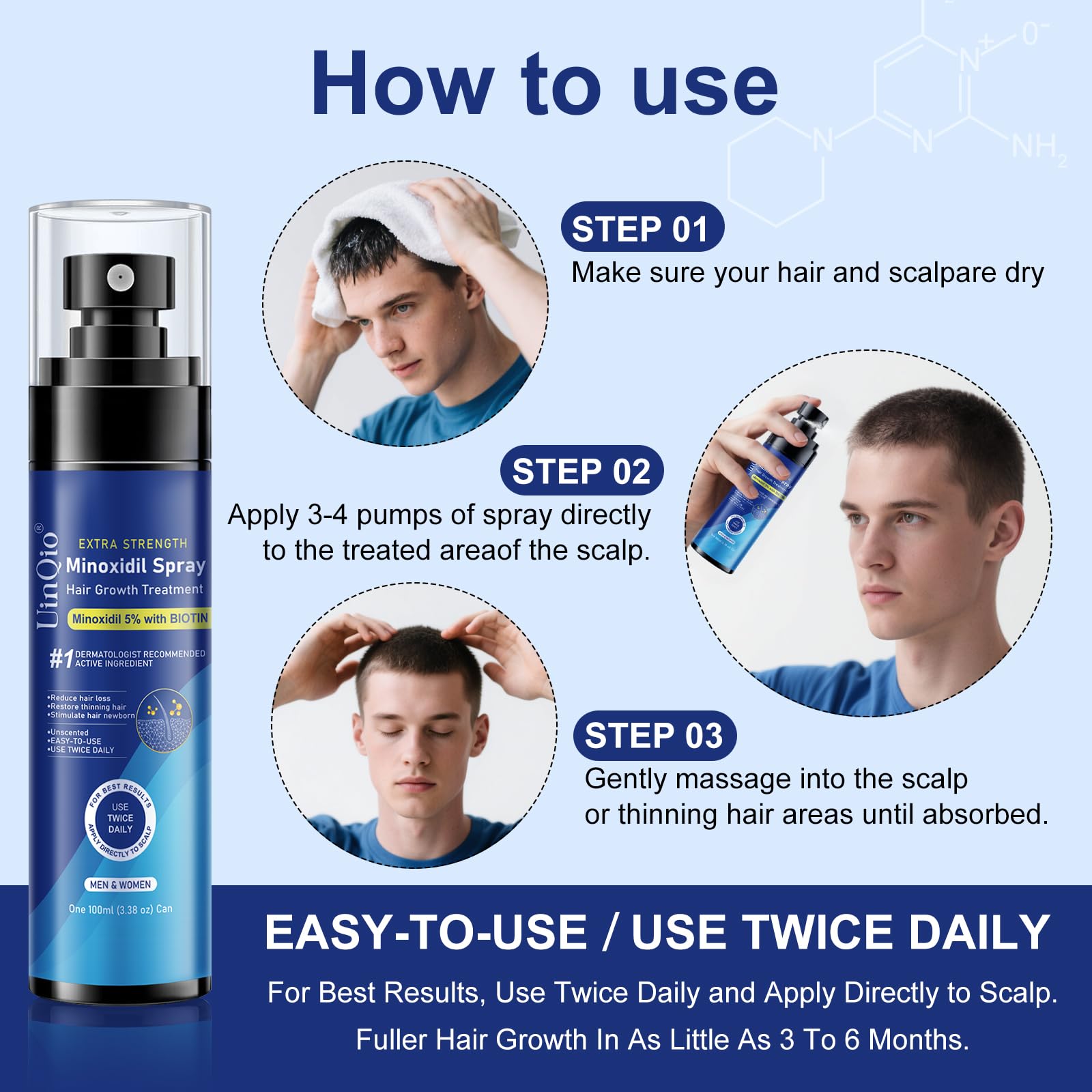 Uinqio thickening effect visual hint of fuller-looking hair over time.