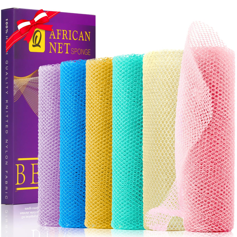 UJFQBH African Net Sponge long bath scrubber in purple-orange for gentle daily exfoliation.