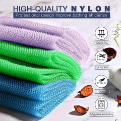 UJFQBH long net sponge highlights back coverage and easy soaping for hard-to-reach areas.