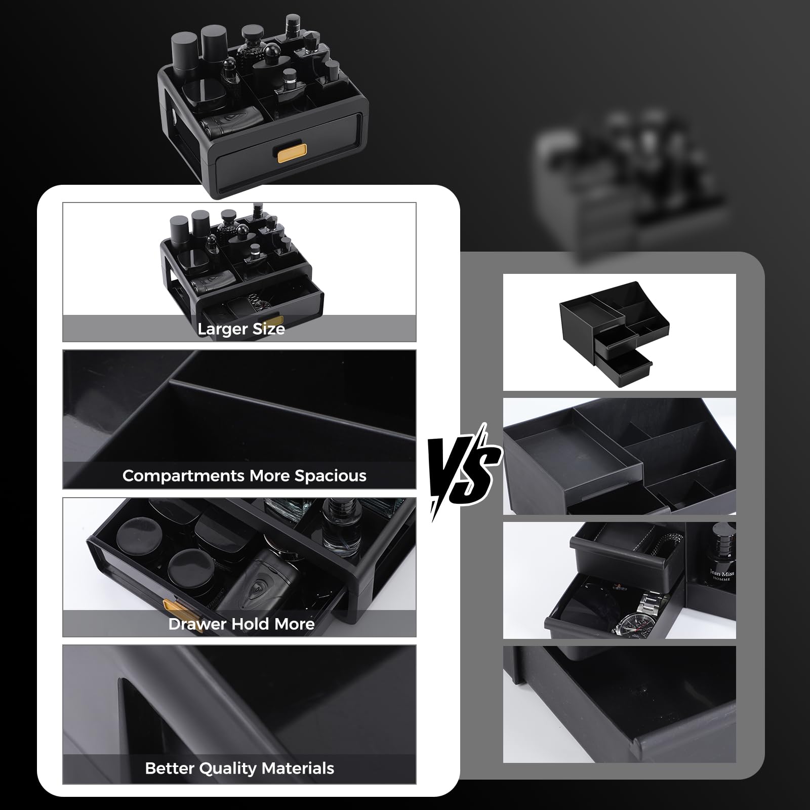 UJQSUN Cologne Organizer includes an ultra-deep drawer for taller bottles and tools
