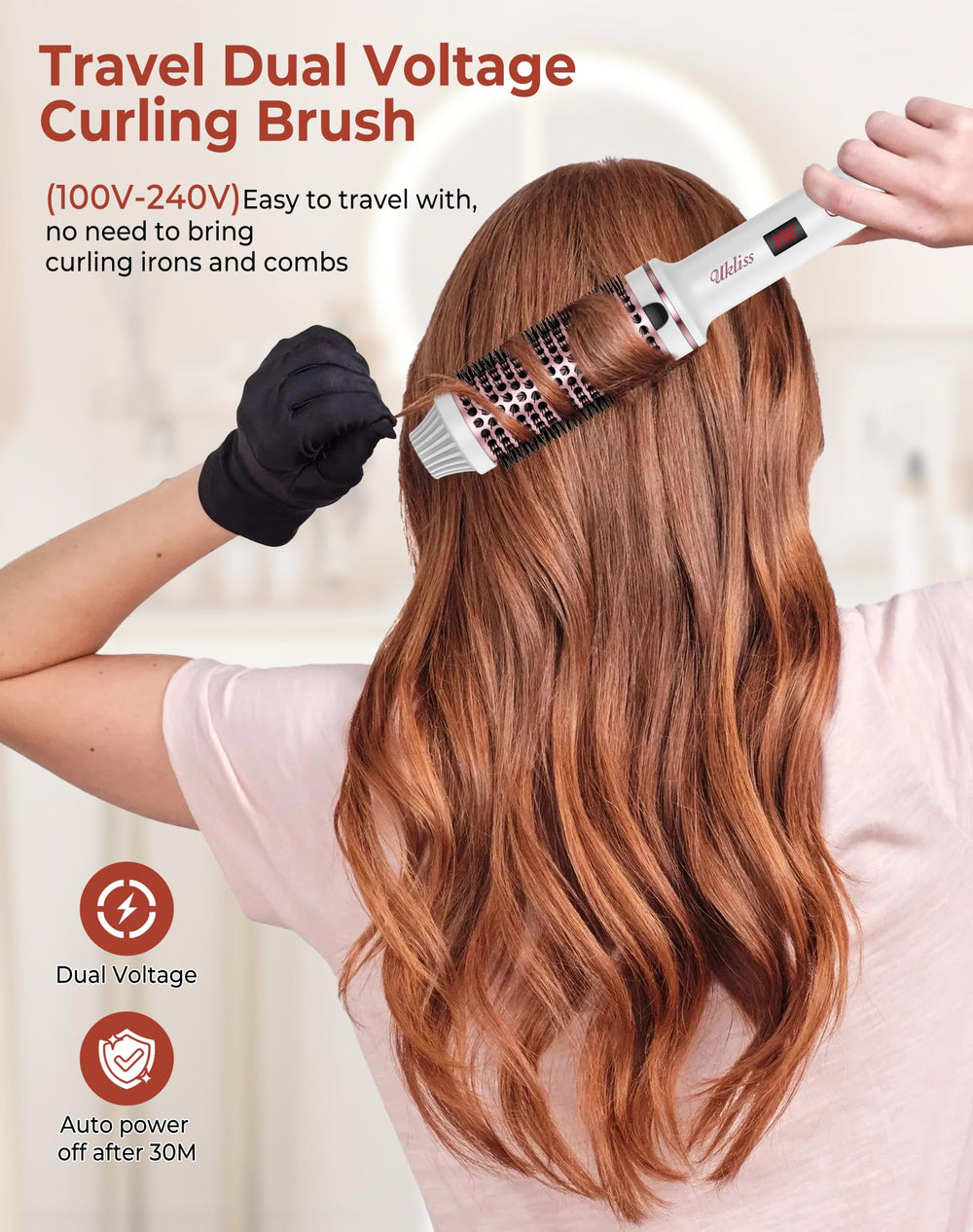 UKLISS Thermal Brush close-up highlights ions and ceramic tech for glossy, healthy-looking hair.