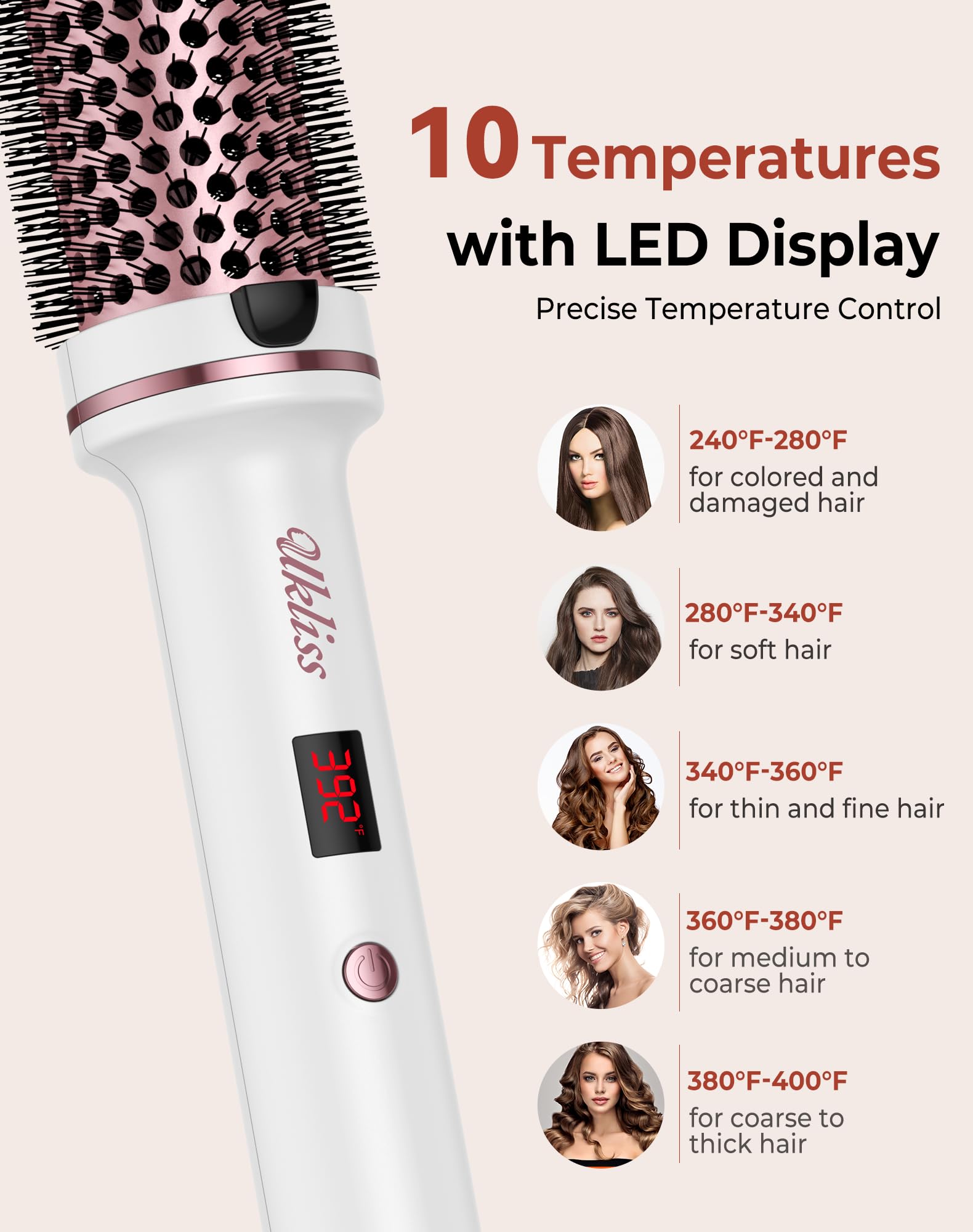 UKLISS Thermal Brush with LED display shows precise temperature control for all hair types.