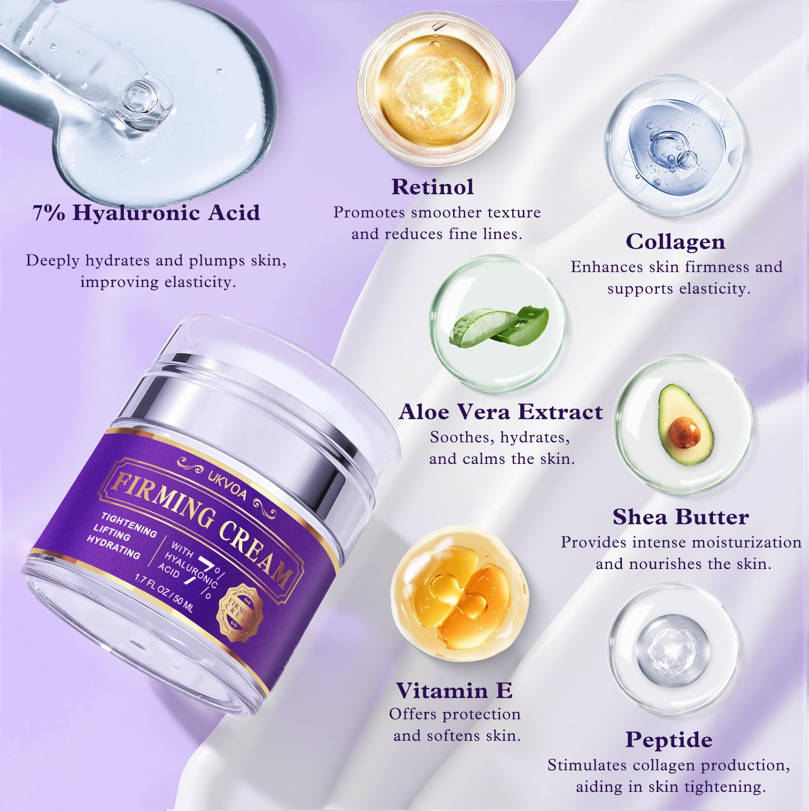 UKVOA Hyaluronic Acid 7% moisture boost close-up on hydrated skin.