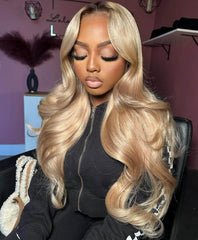 Ulaphence Ombre Light Ash Blonde Wig brown roots detail for natural blend