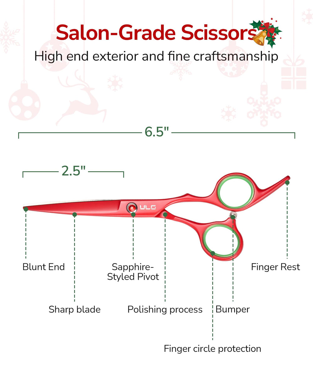 ULG 6.5-inch hair cutting scissors ergonomic offset handles for comfortable long sessions
