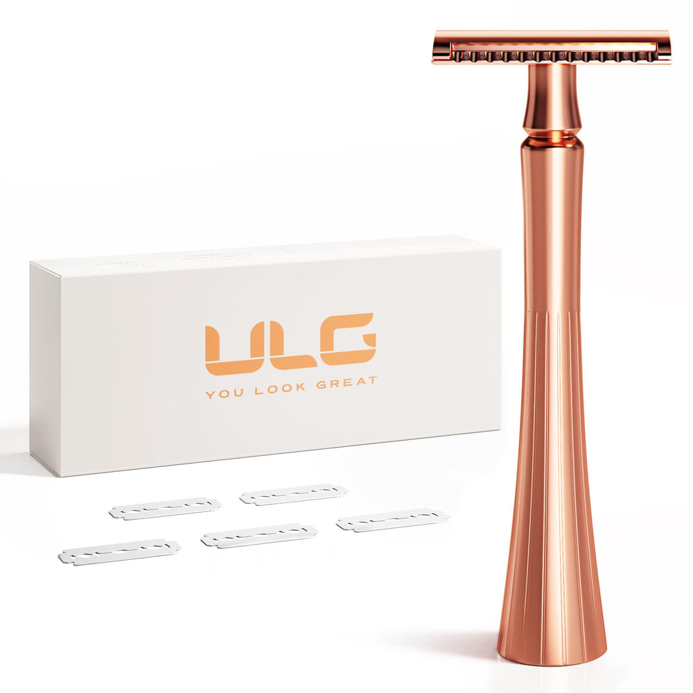 ULG double-edge razor rose gold front view for precise daily shaving