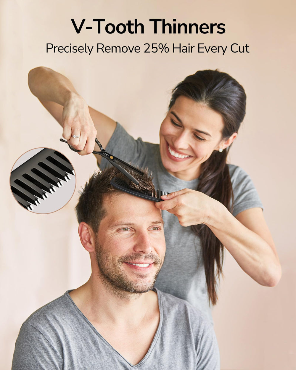 ULG ergonomic barber scissors handle close-up for comfortable control during long home haircuts.