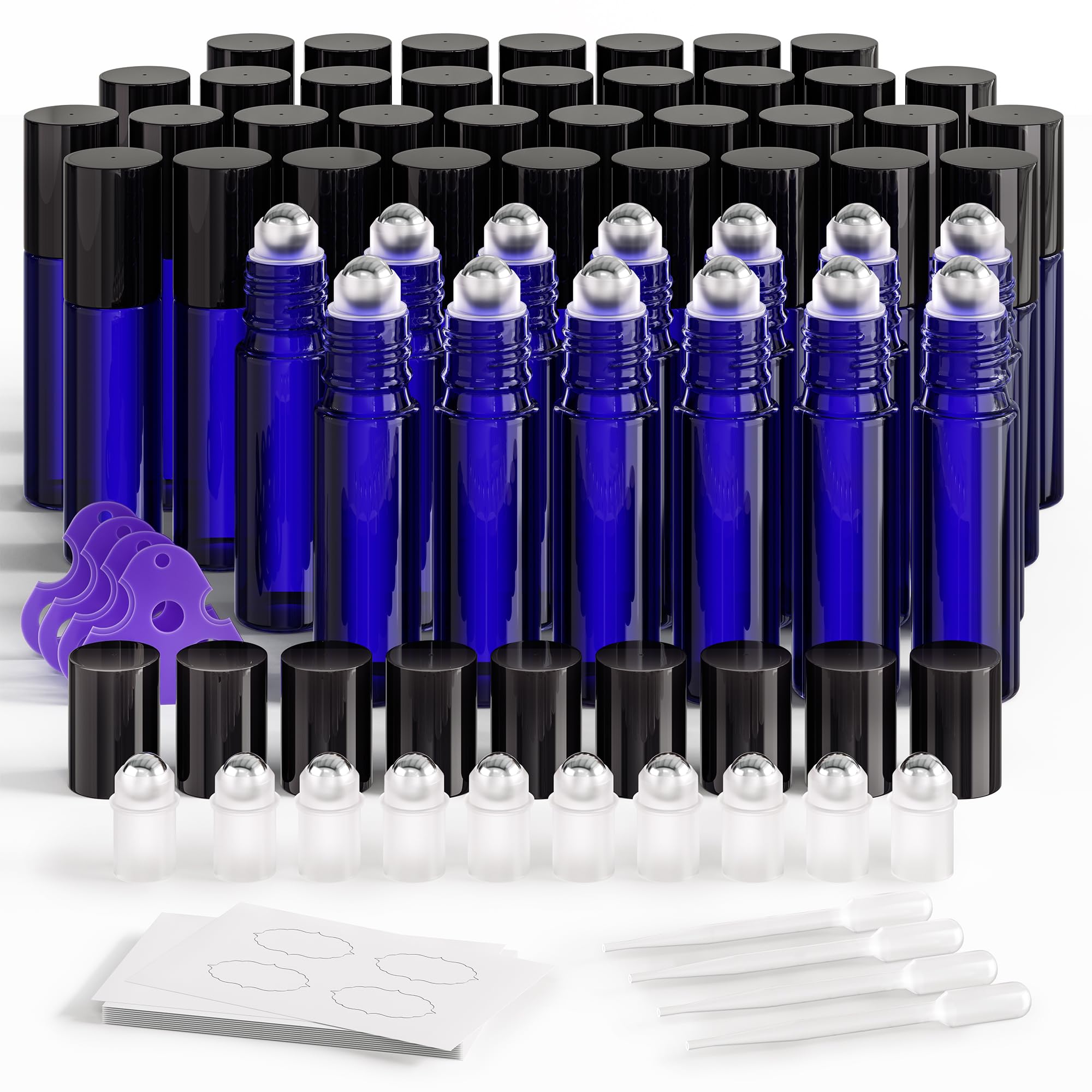 ULG essential oil roller bottles 48-pack set, 10ml cobalt blue glass for scent protection.