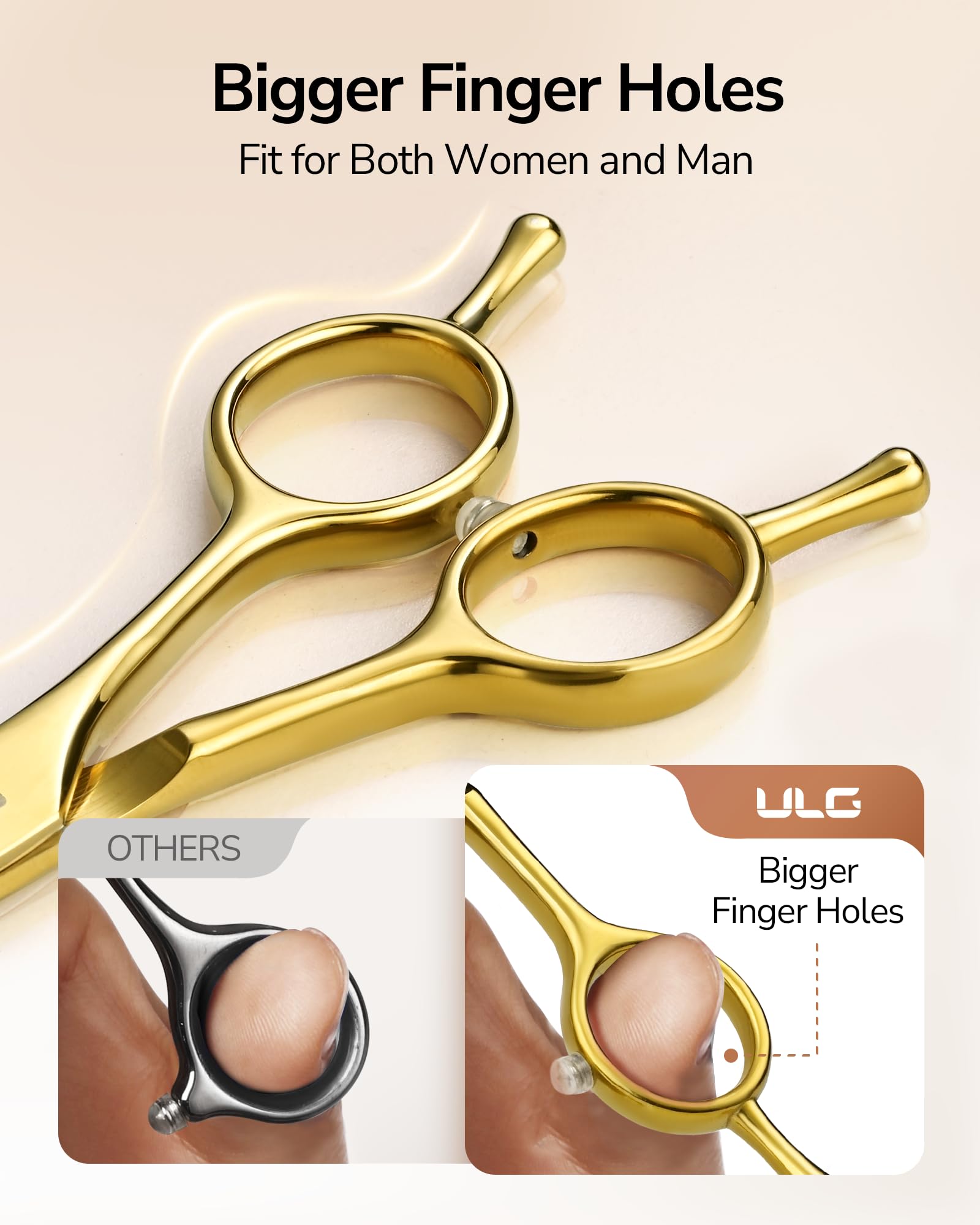 ULG hair cutting scissors with golden glossy finish close-up for premium look.