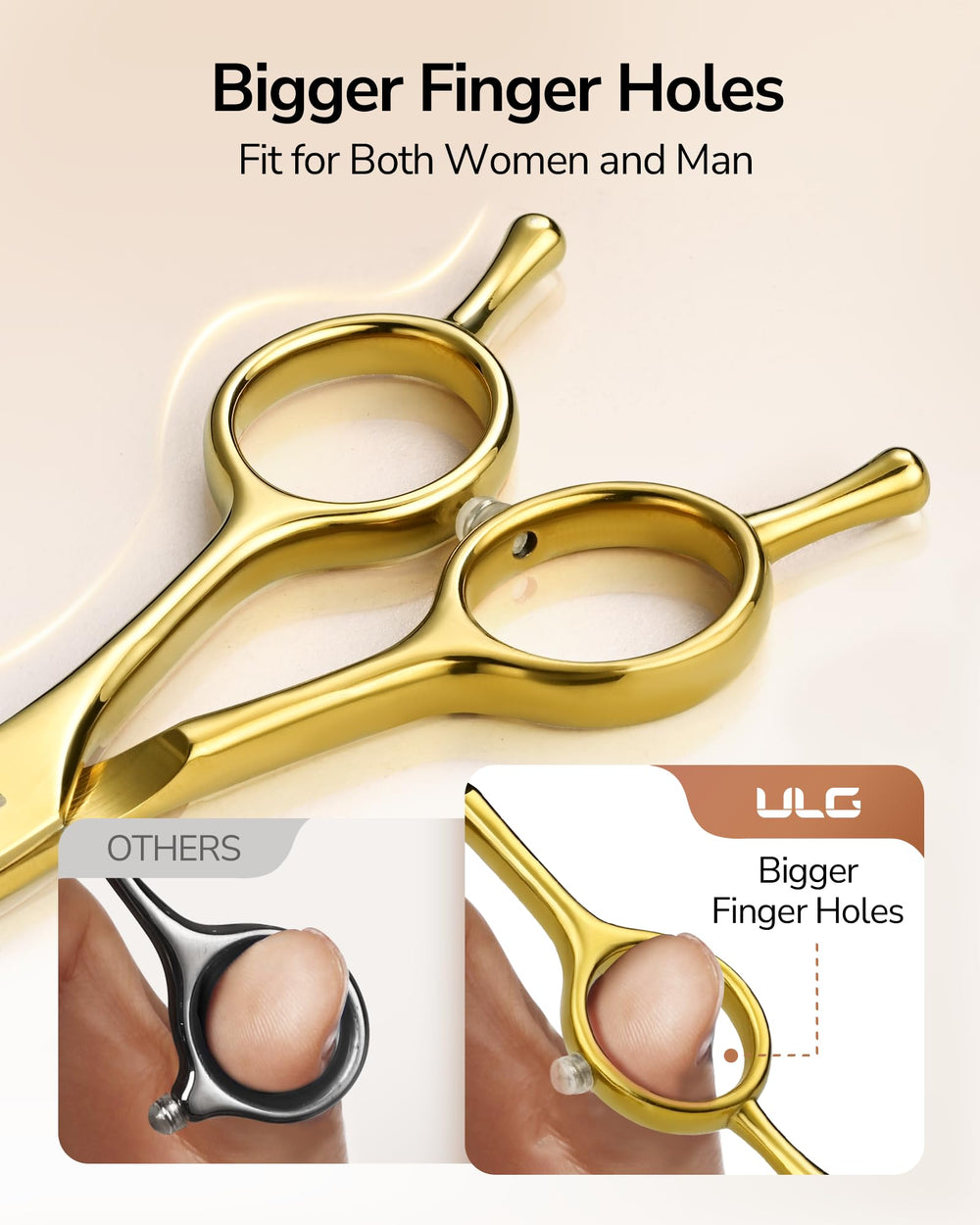 ULG hair cutting scissors with golden glossy finish close-up for premium look.