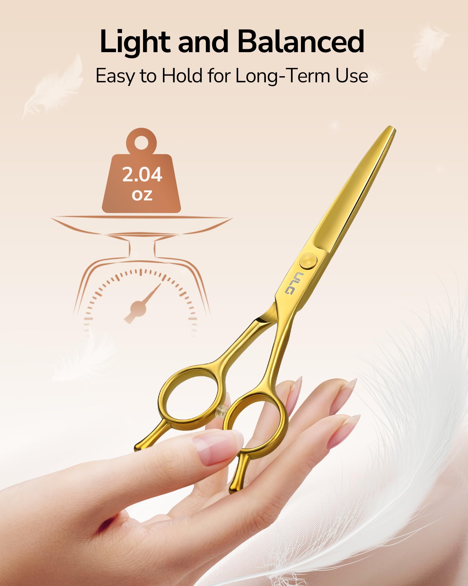 ULG hair cutting scissors weigh 2.06oz for light, fatigue-free maneuvering.