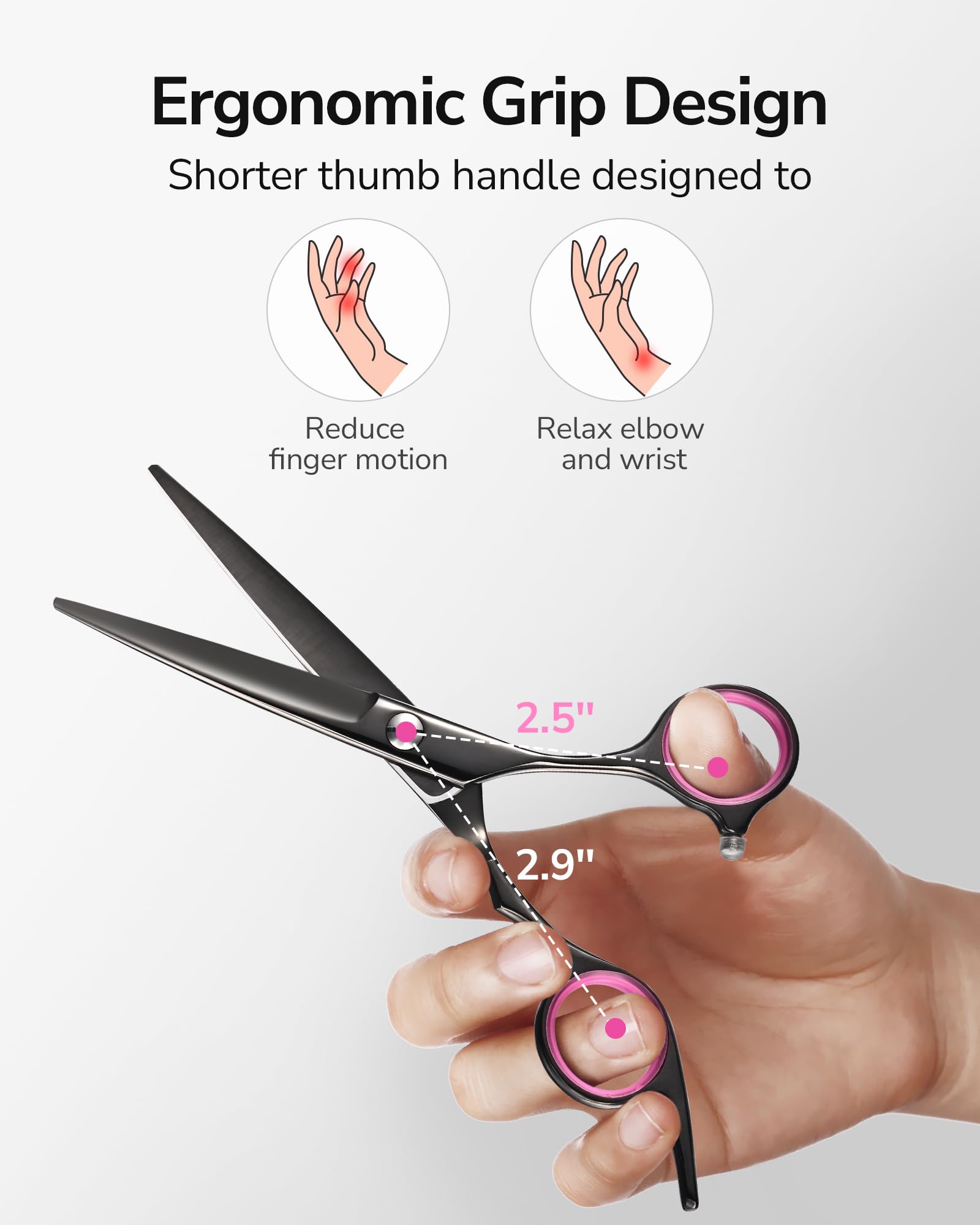 ULG hair cutting scissors offset ergonomic grip reduces hand strain during styling