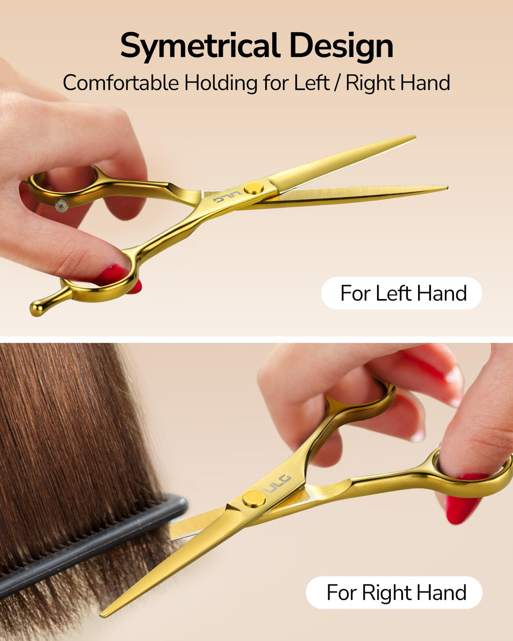 ULG hair cutting scissors symmetrical design with two finger rests for balanced use.