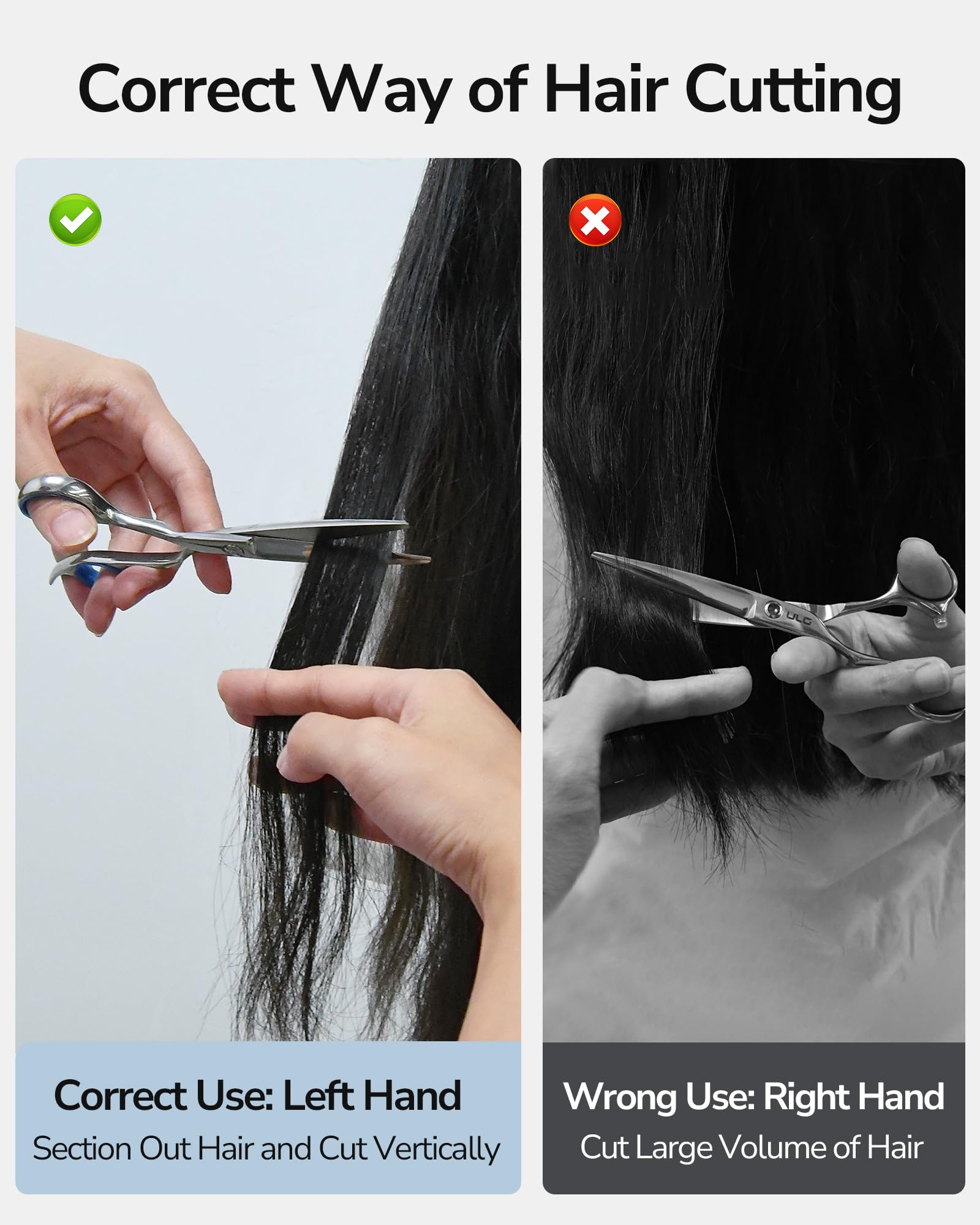 ULG left-handed scissors ergonomic offset-grip reduces thumb strain during long styling sessions.