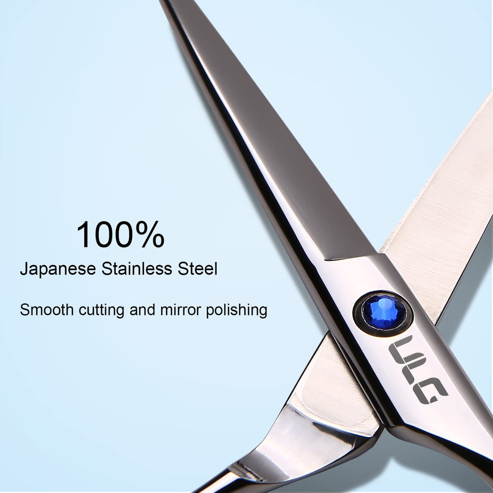 ULG offset-grip barber shears reduce thumb-wrist strain for comfortable sessions.