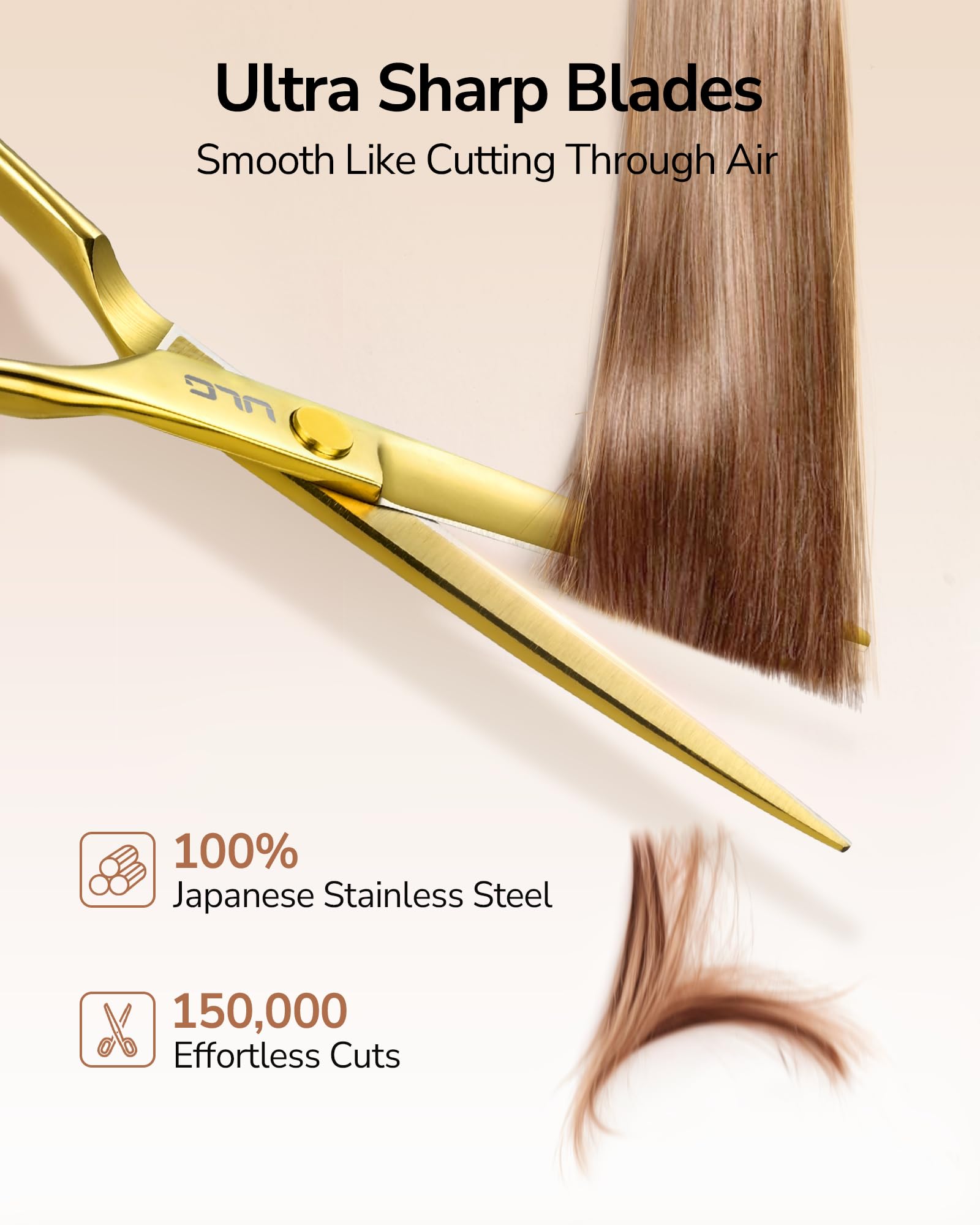 ULG professional hair cutting scissors side view showing ergonomic, comfortable grip.