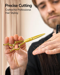 ULG professional hair cutting scissors 100% Japanese stainless steel blades close-up.