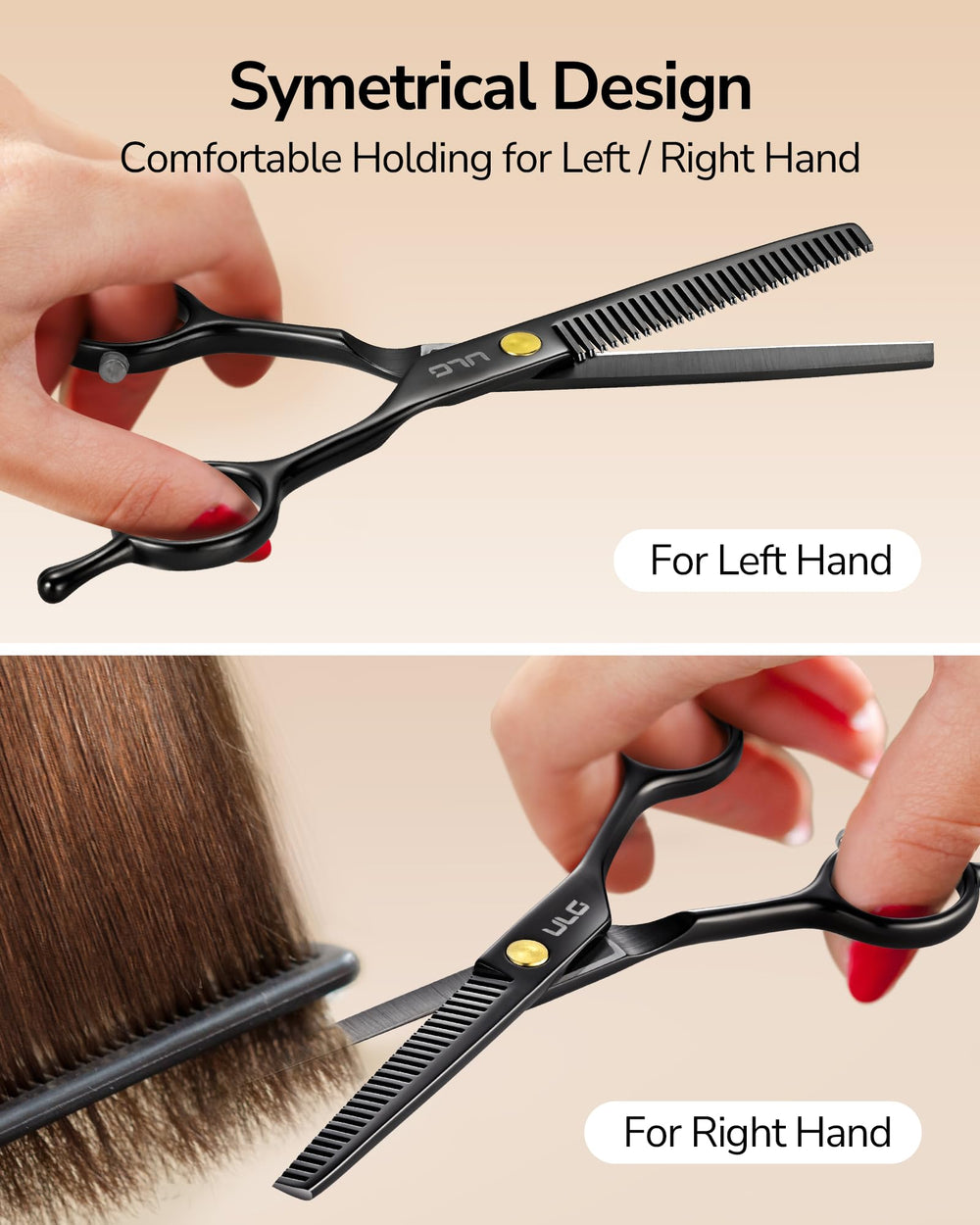 ULG thinning shears symmetric design supports balanced grip during cuts