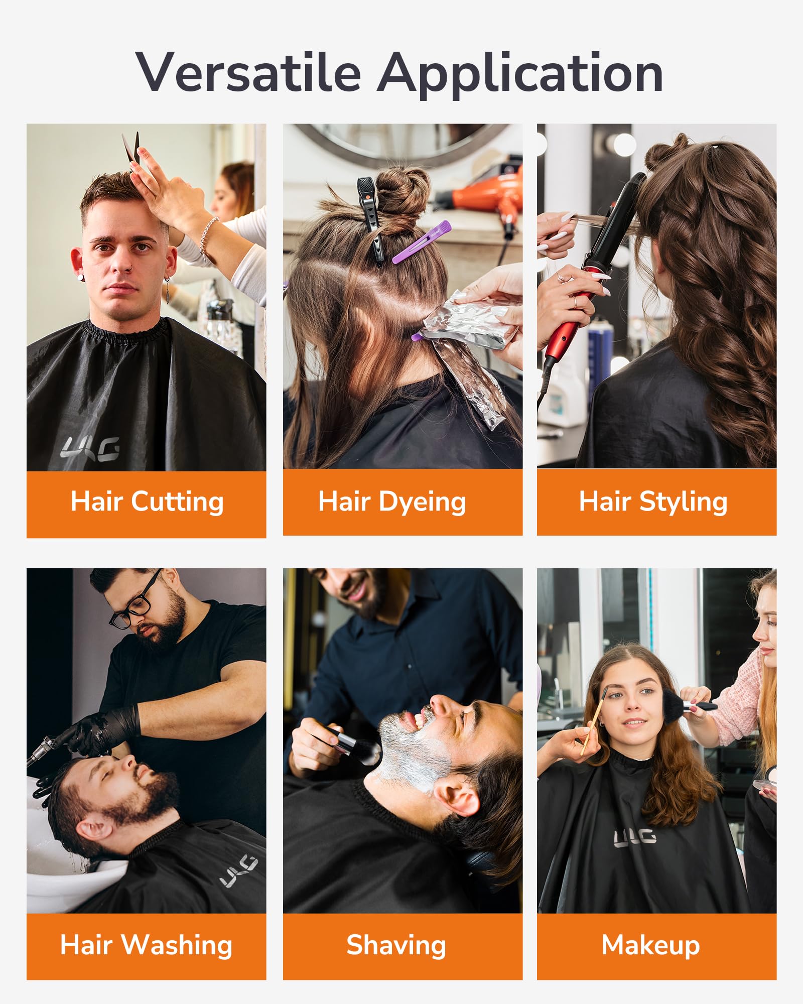 ULG versatile-use cape shown in salon setting for hair dyeing and makeup prep
