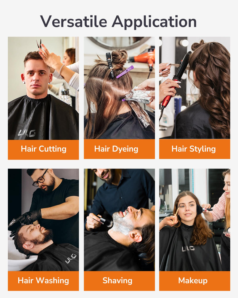 ULG versatile-use cape shown in salon setting for hair dyeing and makeup prep