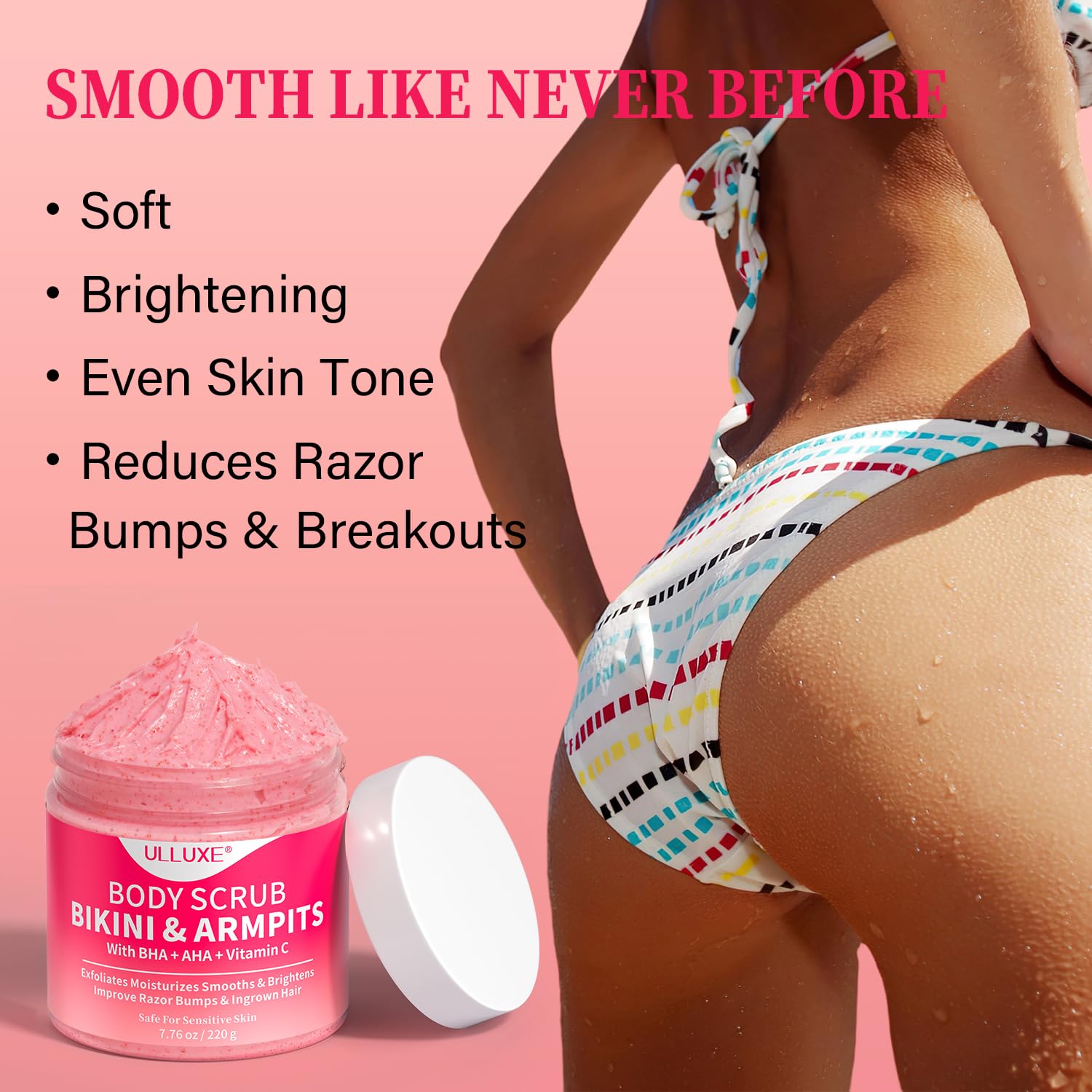 ulluxe bikini area exfoliator peach scented formula for gentle pampering