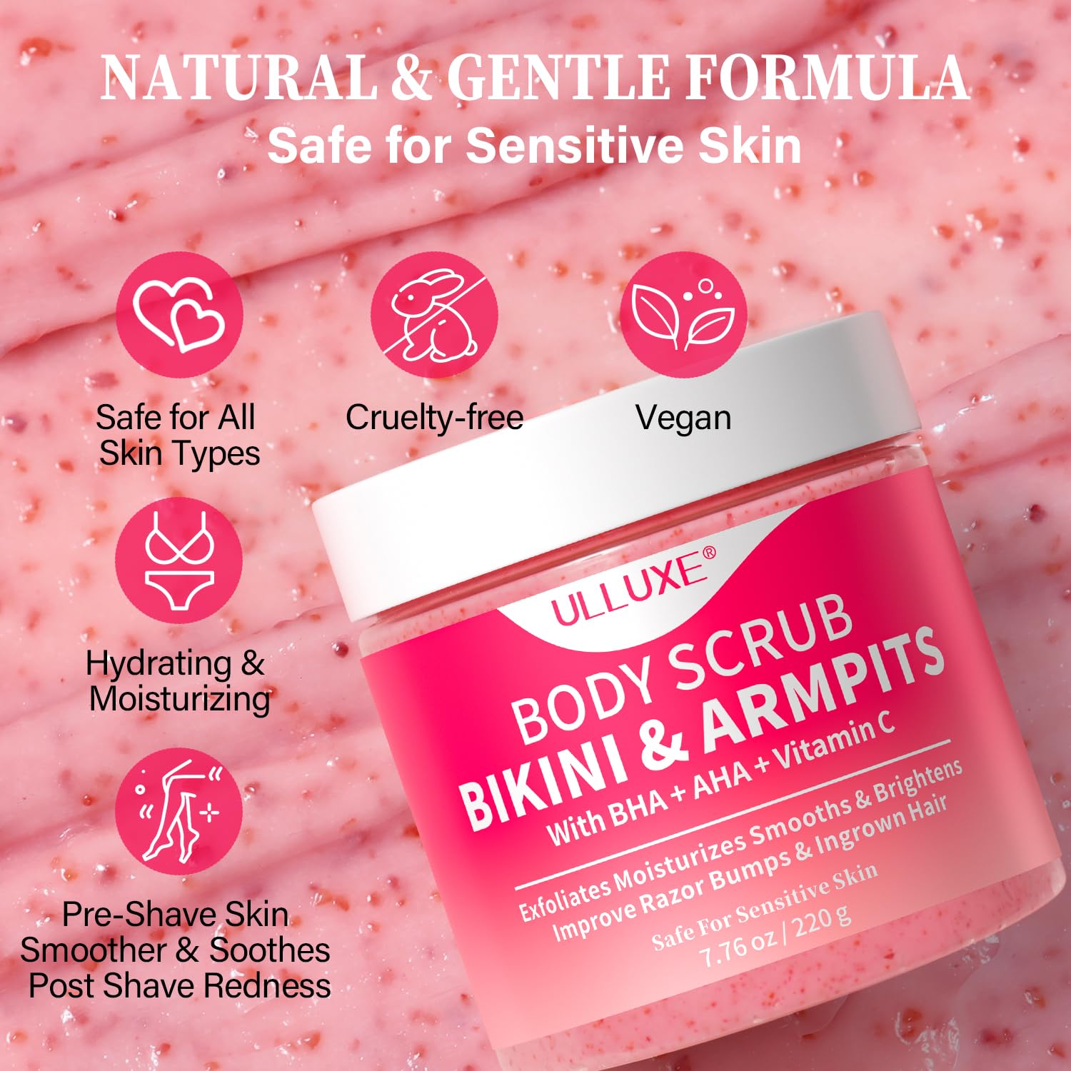 ulluxe bikini area exfoliator texture scrub particles shown for even skin tone