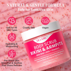 ulluxe bikini area exfoliator texture scrub particles shown for even skin tone