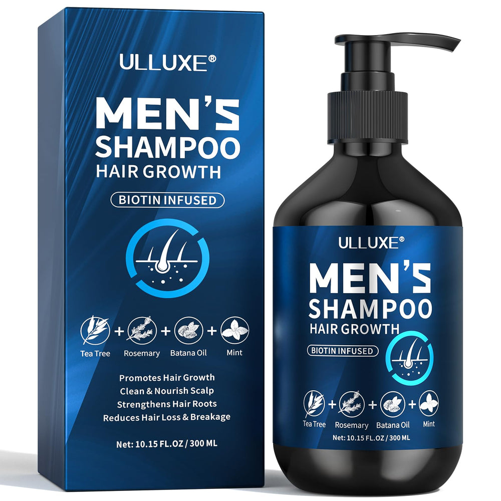 ulluxe biotin hair growth shampoo hero bottle promotes thicker-looking hair.