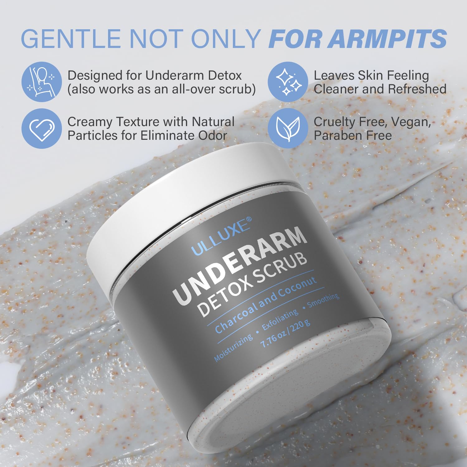 Ulluxe charcoal underarm scrub texture in jar shows gentle exfoliation