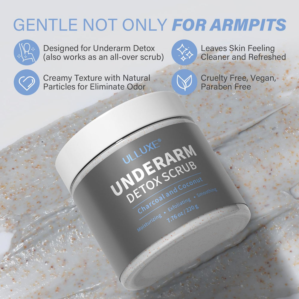 Ulluxe charcoal underarm scrub texture in jar shows gentle exfoliation