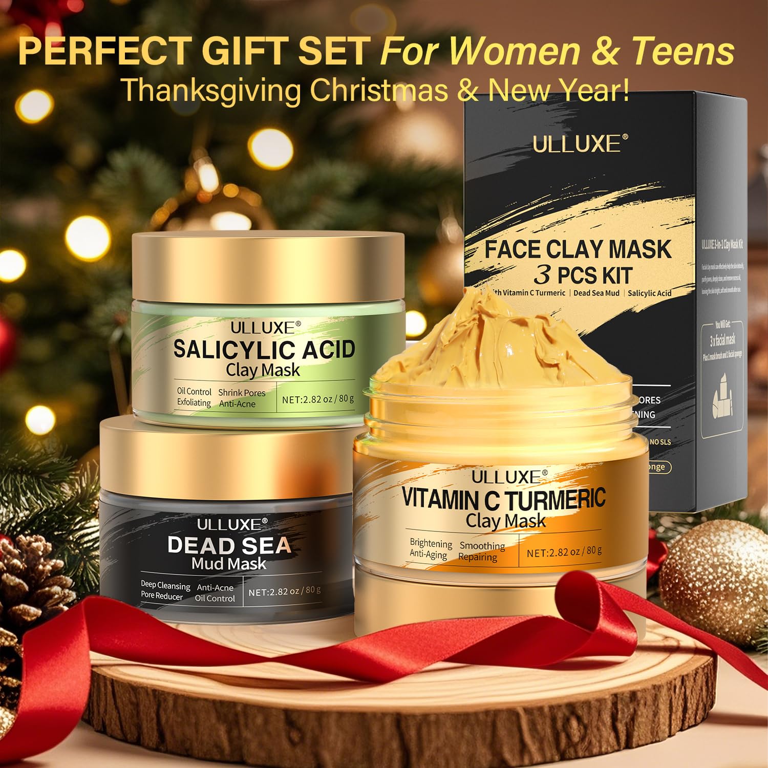 ULLUXE Facial Clay Mask Set gift pack showing it's a thoughtful skincare gift.