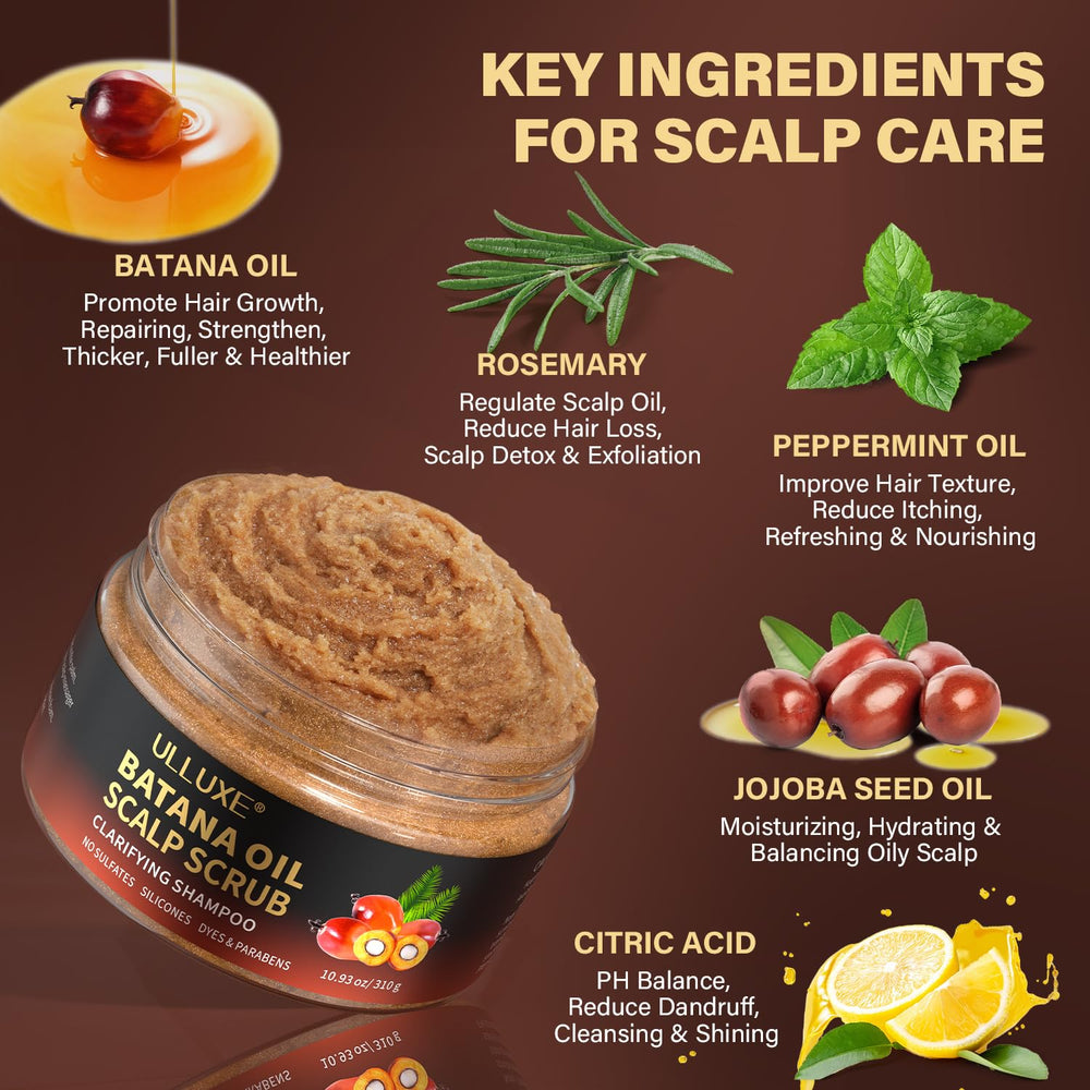 ulluxe scalp scrub bottle label highlights vegan and sulfate-free formula