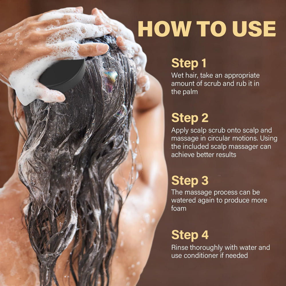 ulluxe scalp scrub dandruff-focused scene suggests mixture helps balance flakes