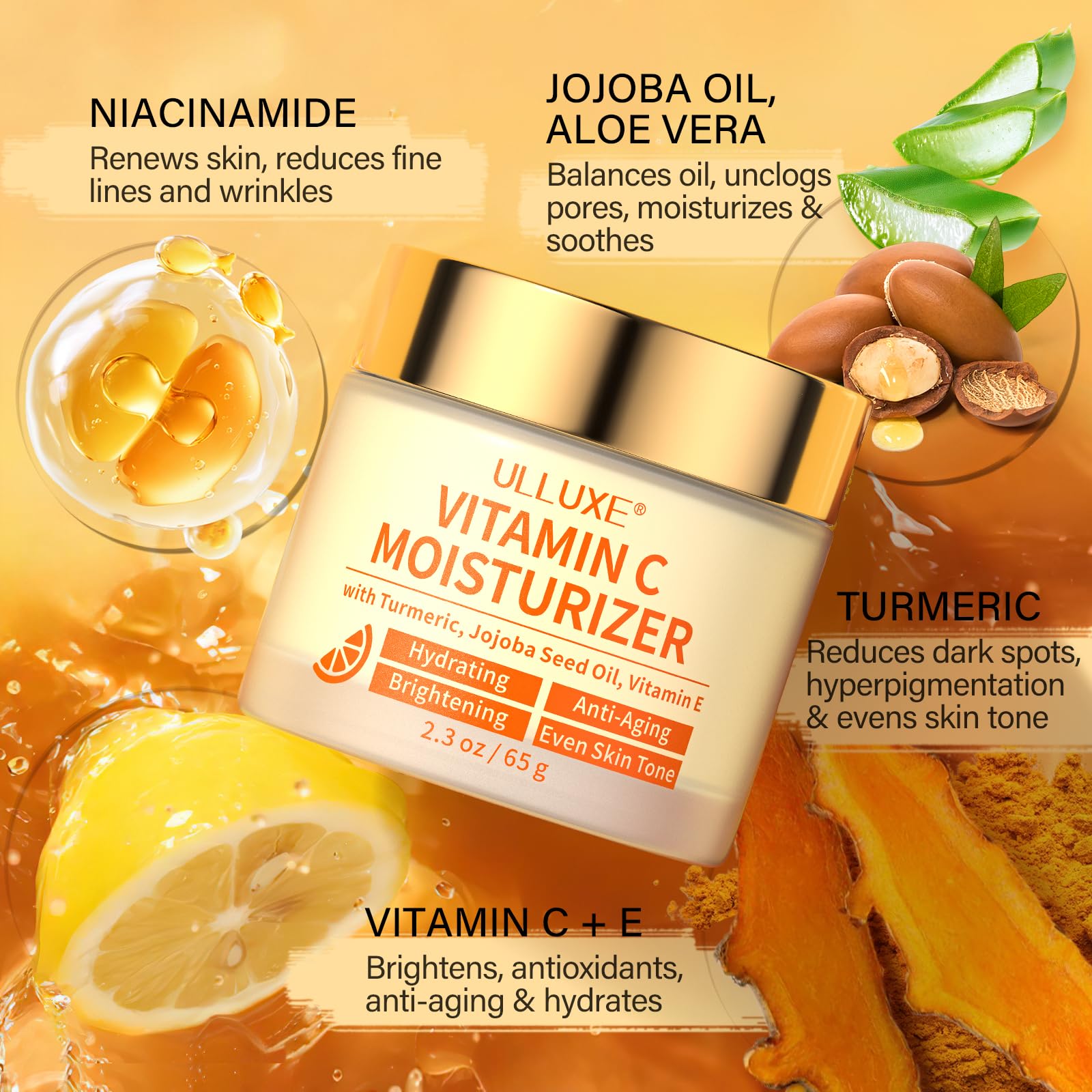 ulluxe Vitamin C face moisturizer turmeric closeup highlights antioxidant benefits
