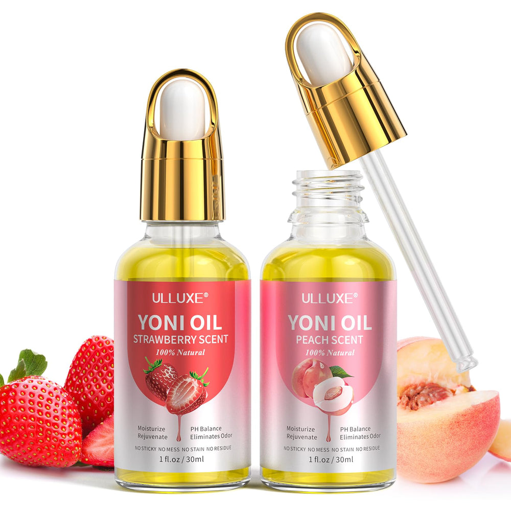 ulluxe yoni oil peach flavor highlighting soothing formula for hydration and balance