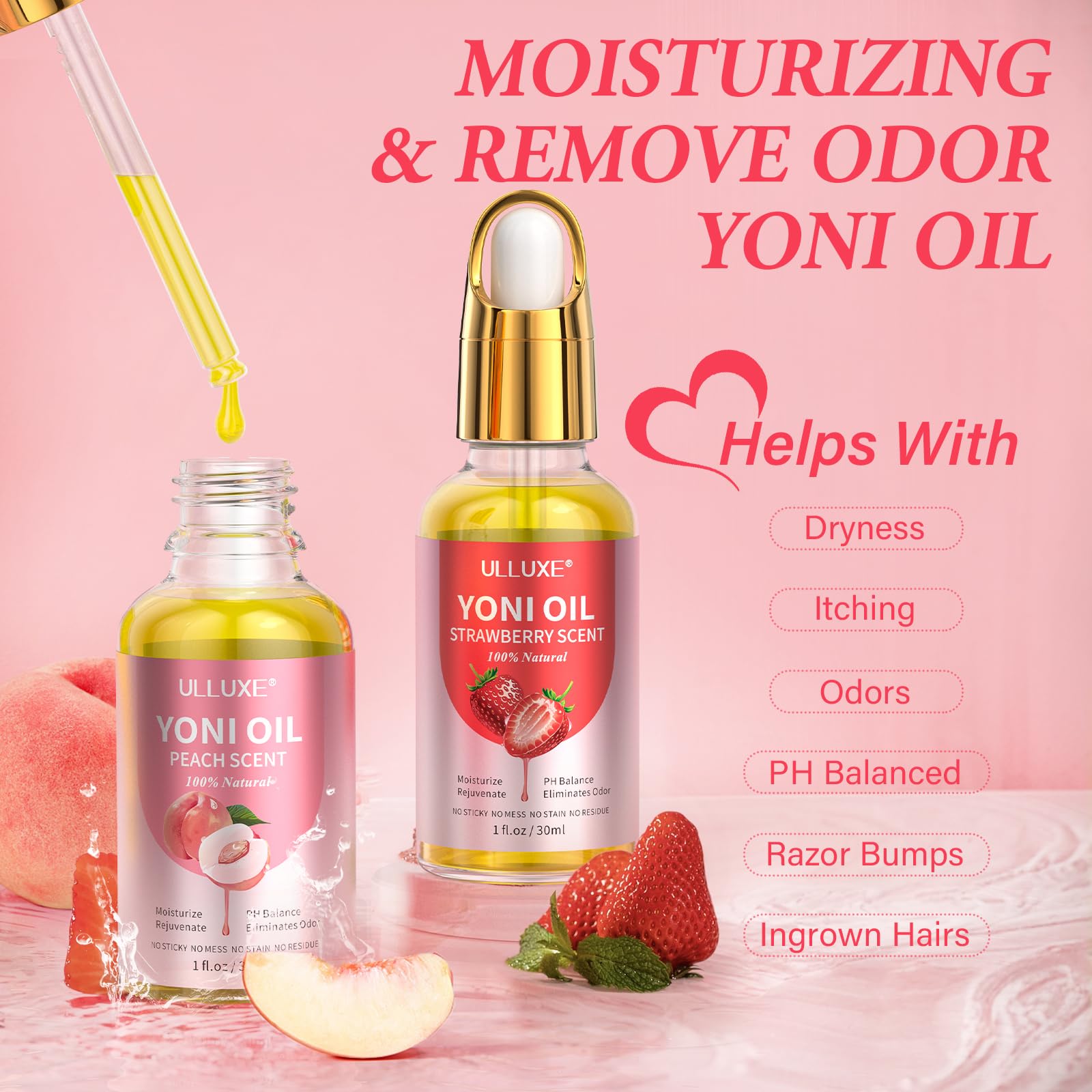 ulluxe yoni oil peach bottle shot emphasizes moisturization after shower routine