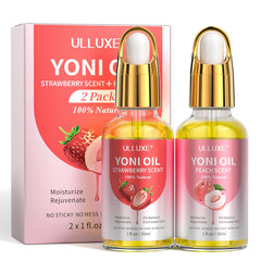 ulluxe yoni oil twin-pack bottle display showing peach and strawberry blends for balanced pH and daily moisture