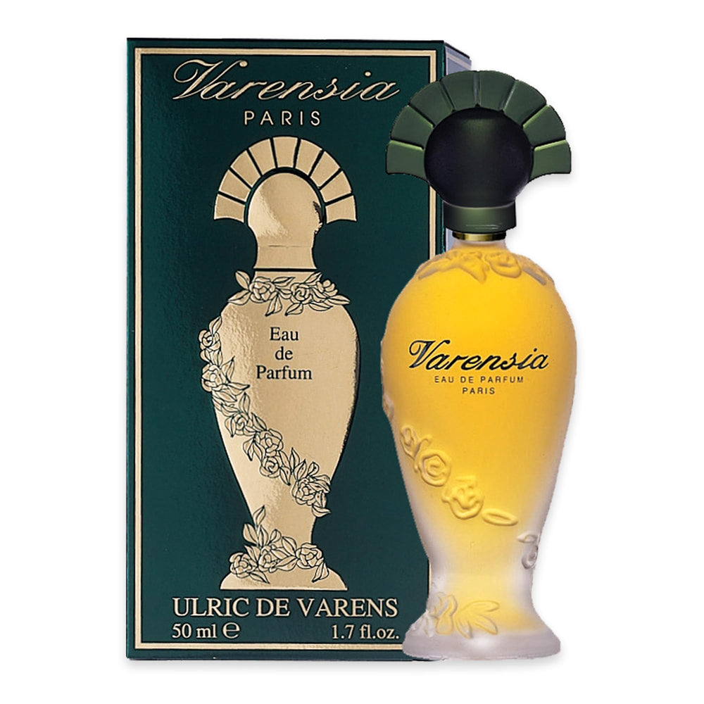 Ulric de Varens Varensia bottle front—elegant design for daily feminine fragrance.