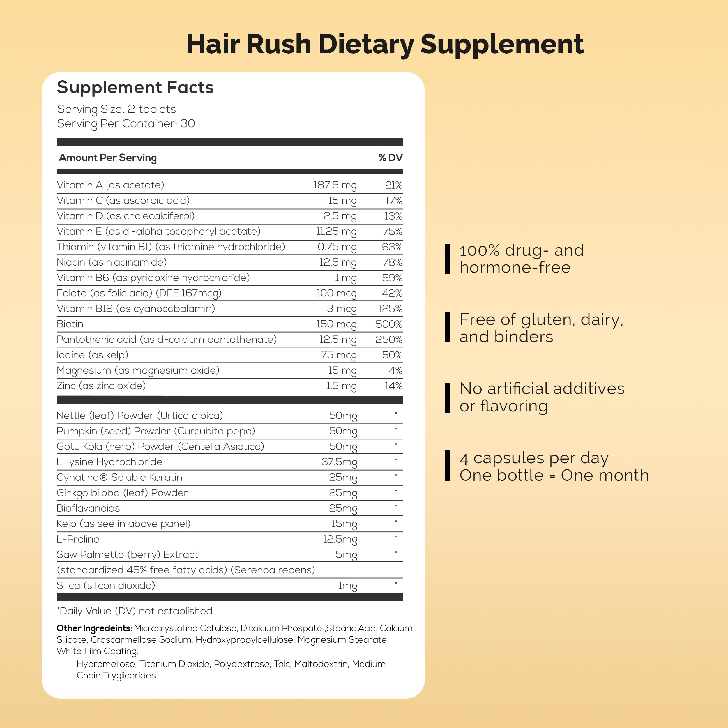 Ultrax Labs Hair Rush bottle label highlights keratin and 23 vitamins