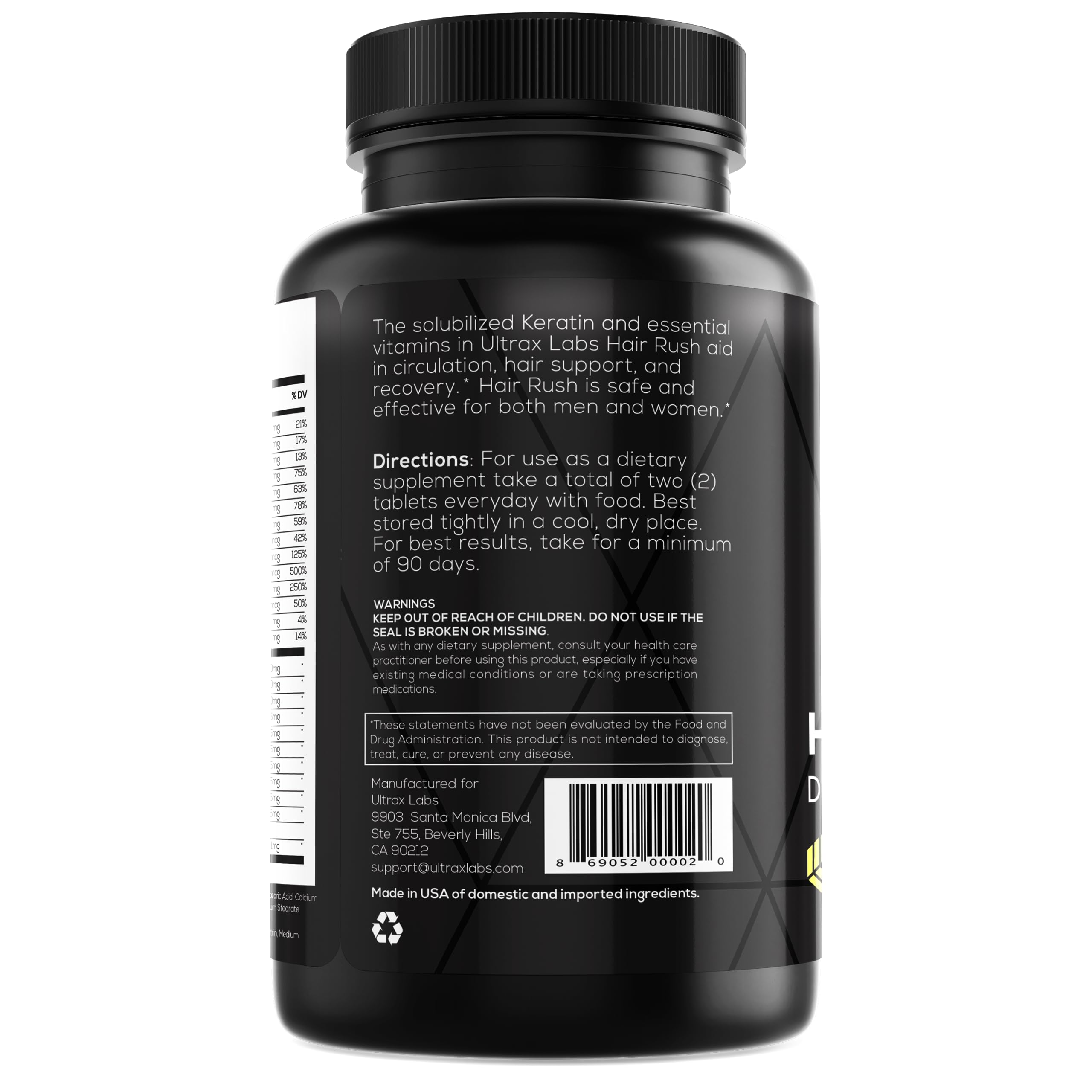 Ultrax Labs Hair Rush glass of water beside bottle after workout