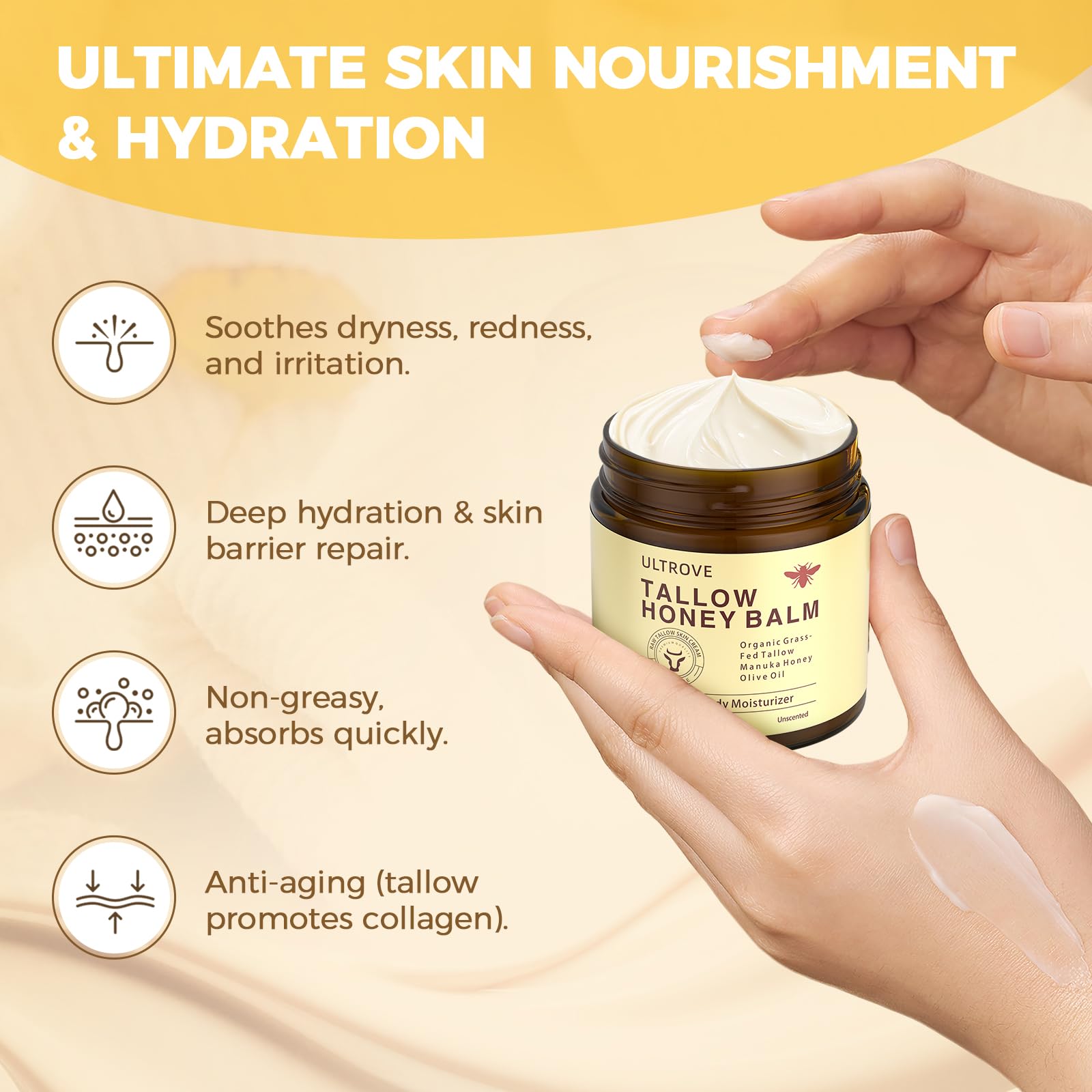 Ultrove balm on elbow to relieve dry skin and restore comfort