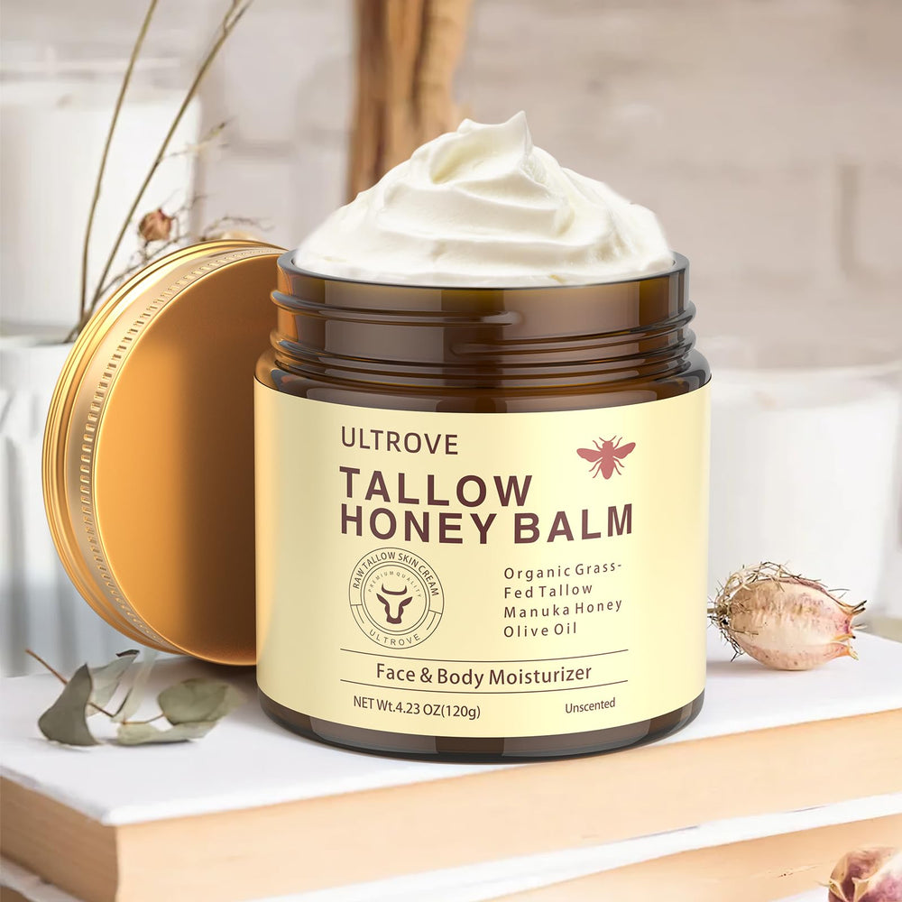 Ultrove beef tallow and honey balm on skin gives subtle honey glow