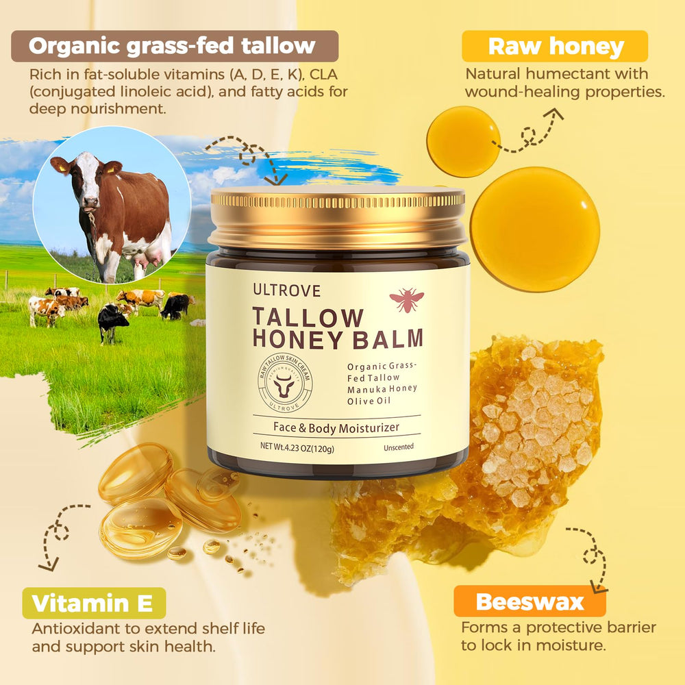 Ultrove balm ingredients closeup showing grass-fed tallow and raw honey nourishing skin