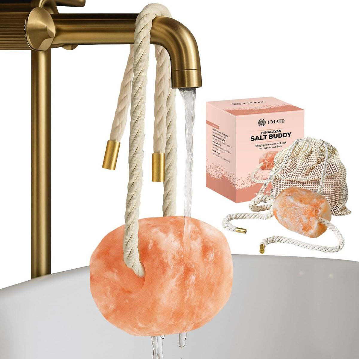 UMAID Himalayan Bath Salt Buddy hanging in shower for spa-like steam