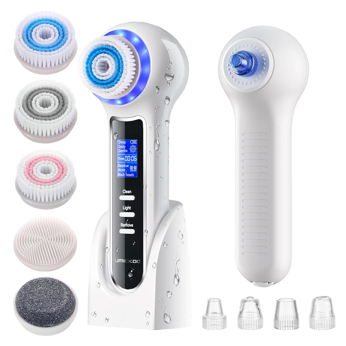 Umickoo face scrubber with LCD display showing mode and battery status for easy skincare.