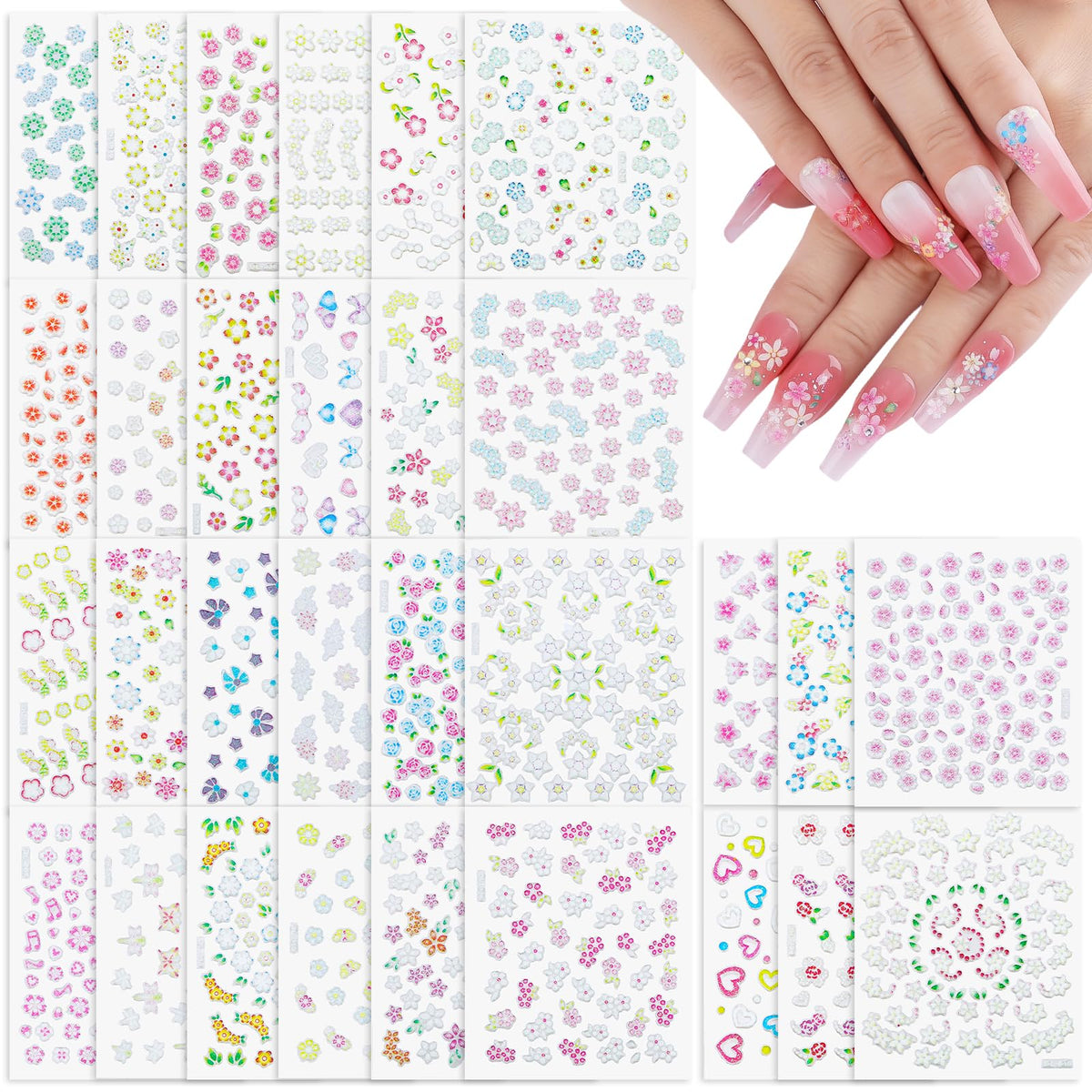 Umillars flower nail stickers 30-sheets collection with colorful designs for quick salon-style nails.